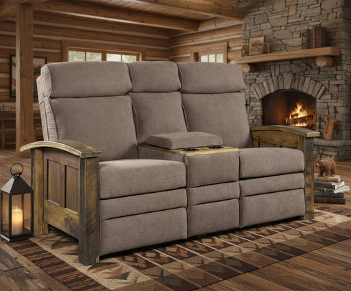 Amish Kimbolton Reclaimed Barnwood Recliner Sofa w/ Center Console - Genuine Reclaimed Barnwood - Quality Fabrications - Commercial Background