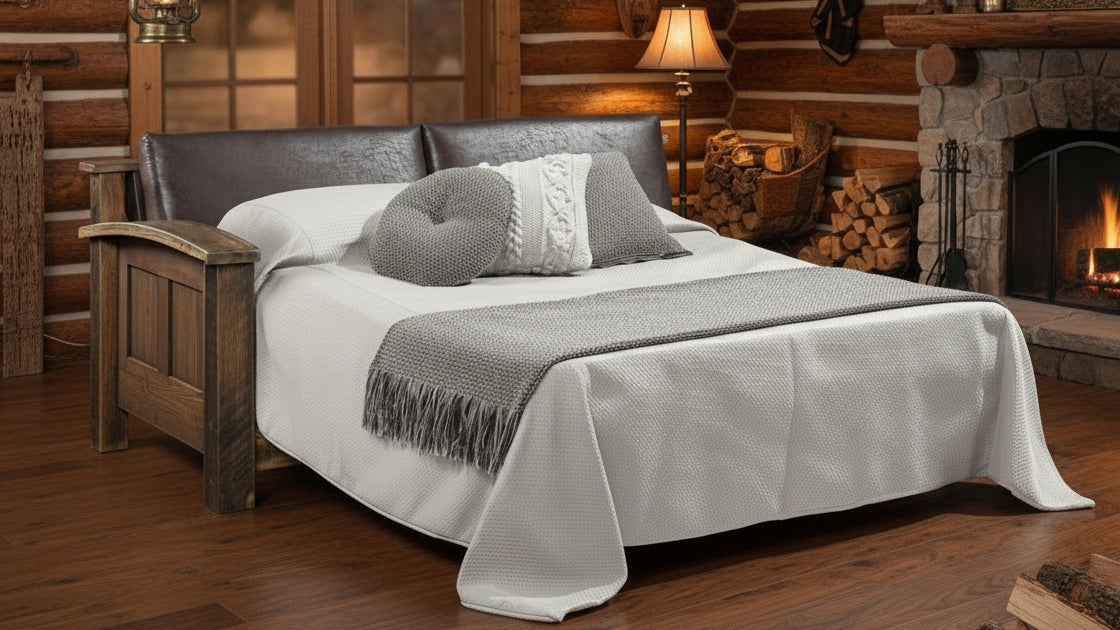 Amish Kimbolton Reclaimed Barnwood Sleeper Sofa - Genuine Reclaimed Barnwood - Quality Fabrications - Commercial photo - Folded Out