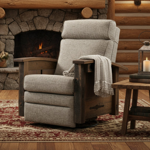 Amish Kimbolton Reclaimed Barnwood Swivel Glider Recliner  - Genuine Reclaimed Barnwood - Quality Fabrications - Commercial Photo