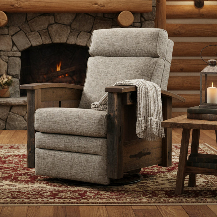 Amish Kimbolton Reclaimed Barnwood Swivel Glider Recliner  - Genuine Reclaimed Barnwood - Quality Fabrications - Commercial Photo