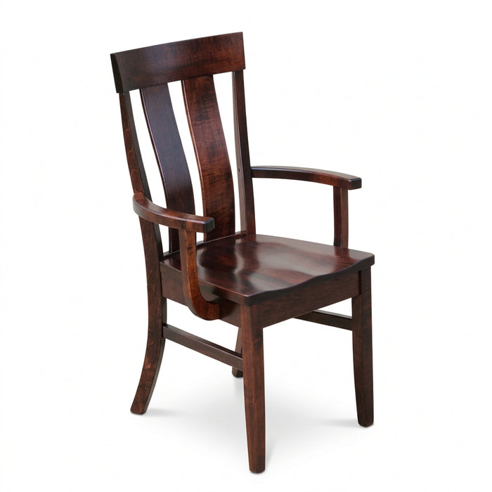 A dark reddish-brown wooden armchair with a slatted backrest and curved armrests, shown on a plain white background.