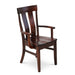 A dark reddish-brown wooden armchair with a slatted backrest and curved armrests, shown on a plain white background.