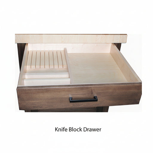 Wooden knife block drawer with knife blocks inside on a white background
