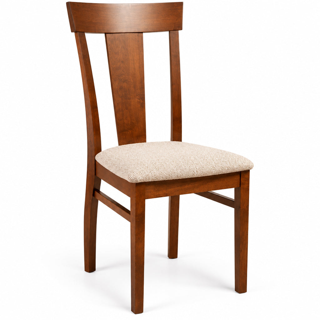 A wooden dining chair with a warm brown finish and a light beige upholstered seat, shown against a plain white background.