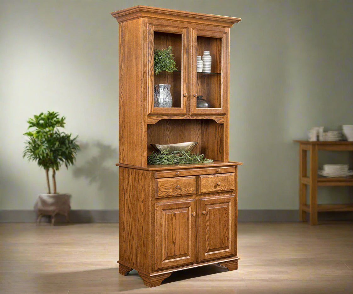 Amish Landsbury 2-Door Hutch
Hardware: 1.25" Wood Knobs
Touch Lights
(1) Adjustable Glass Shelf in Top
(1) Adjustable Wood Shelf in Base.