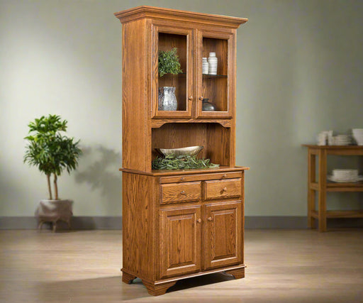 Amish Landsbury 2-Door Hutch
Hardware: 1.25" Wood Knobs
Touch Lights
(1) Adjustable Glass Shelf in Top
(1) Adjustable Wood Shelf in Base.