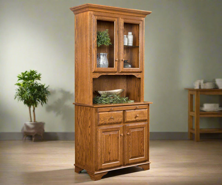 Amish Landsbury 2-Door Hutch
Hardware: 1.25" Wood Knobs
Touch Lights
(1) Adjustable Glass Shelf in Top
(1) Adjustable Wood Shelf in Base.