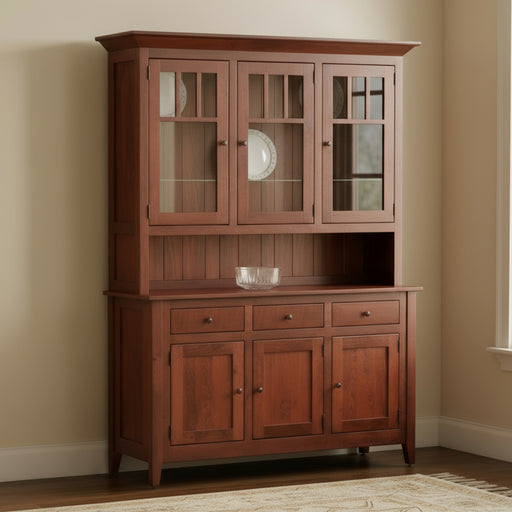 Amish Larkspur 83" 3-Door Hutch
Hardware: K2040 BL Knobs
(2) Adjustable Glass Shelves in Top
(1) Adjustable Wood Shelf in Base
Touch lights
Shiplap Back