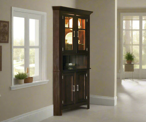 Amish Larkspur Corner Hutch
Hardware: K 475-SN Pulls
Touch Lights
(2) Adjustable Glass Shelves in Top
(1) Adjustable Wood Shelf in Base
Shiplap Back