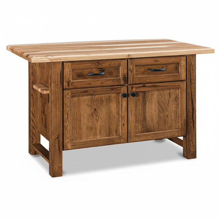 Amish Laurie's Special Integrated Seating Island - Rustic Hickory Top - Pullout Barstool Seats - Blank Photo - Pushed in Seats