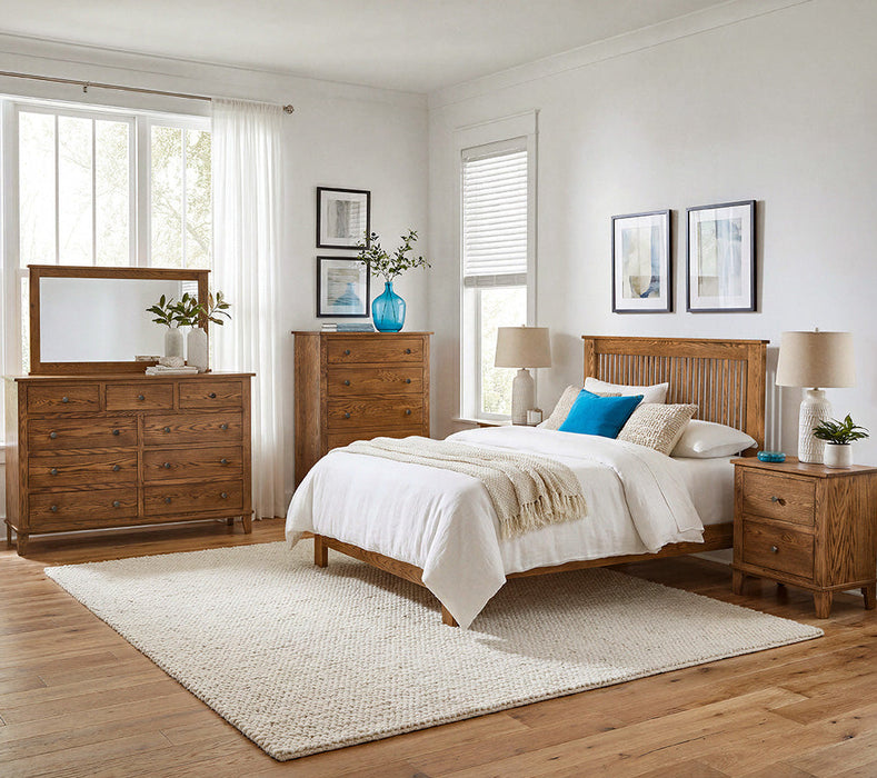 Amish Lincoln Mission Bed With Madison Case Goods - Amish Solid Oak Mission Bedroom Set - Set Photo in Bedroom