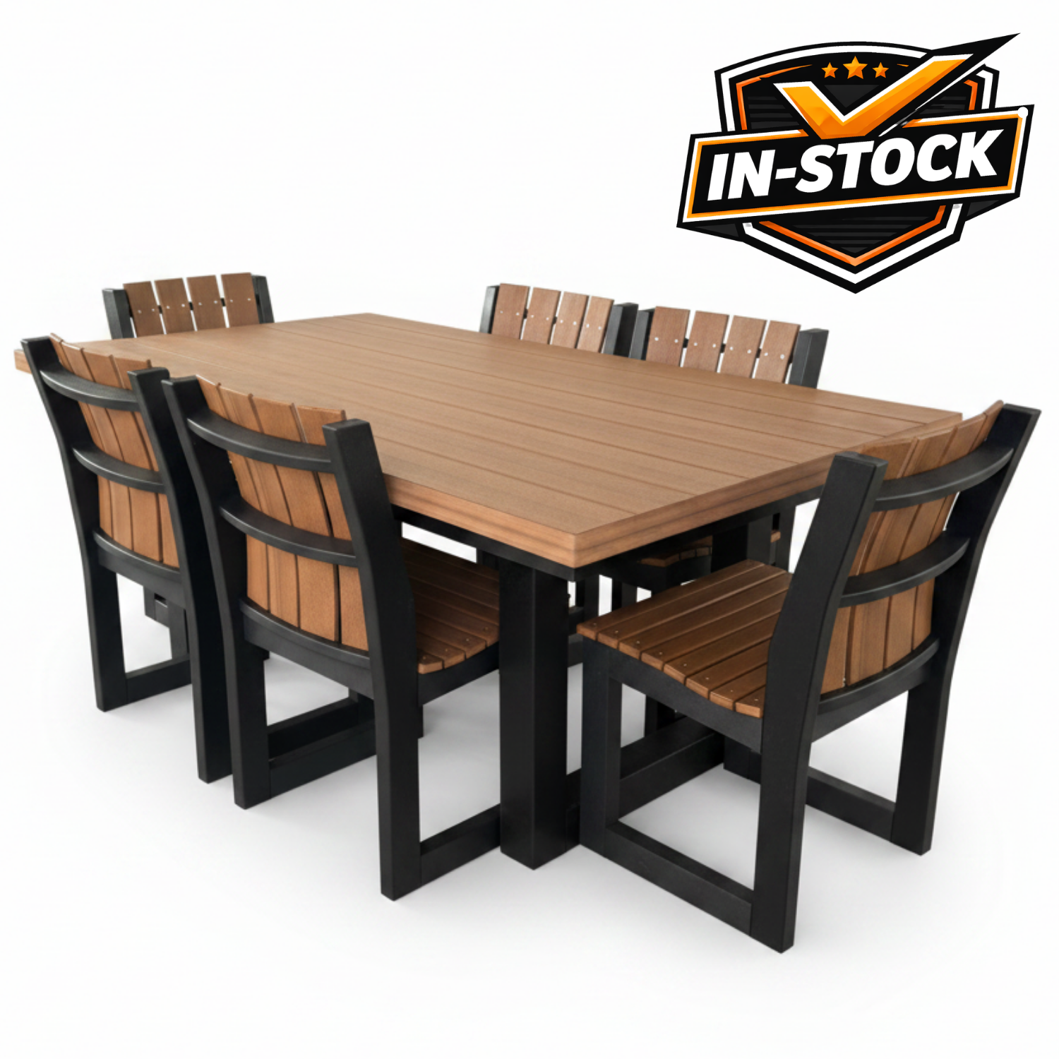 Amish Lindor Modern 42" x 72" Poly Dining Set - Modern No Apron Poly Dining Table - Tangent Poly - Antique Mahogany on Black - 6 Seat Poly Dining Set