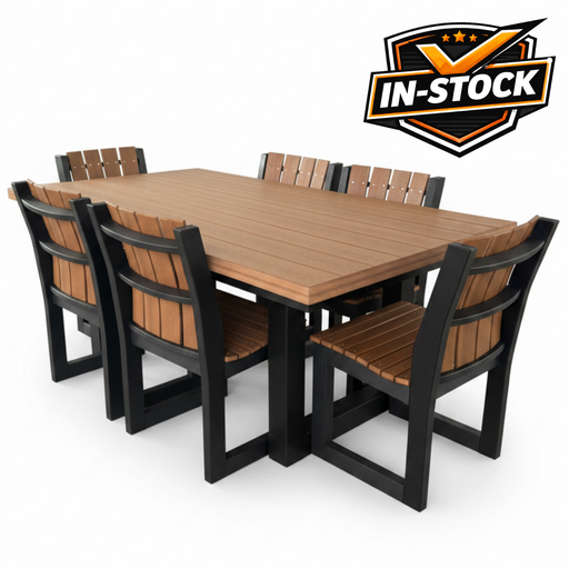 Amish Lindor Modern 42" x 72" Poly Dining Set - Modern No Apron Poly Dining Table - Tangent Poly - Antique Mahogany on Black - 6 Seat Poly Dining Set