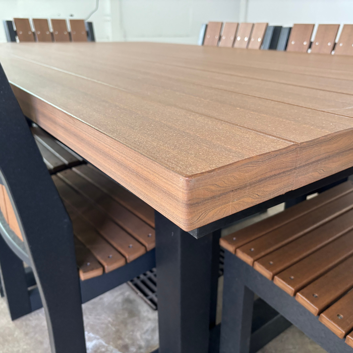 Amish Lindor Modern 42" x 72" Poly Dining Set - Modern No Apron Poly Dining Table - Tangent Poly - Antique Mahogany on Black - 6 Seat Poly Dining Set 6