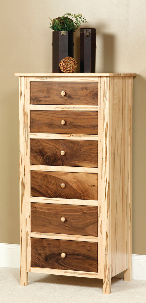 Amish Lingerie Chest Contemporary Style in a Two Toned Look With Driftwood Stain on a Brown Maple frame and a Natural Finish on Wormy Maple Tops and Drawers