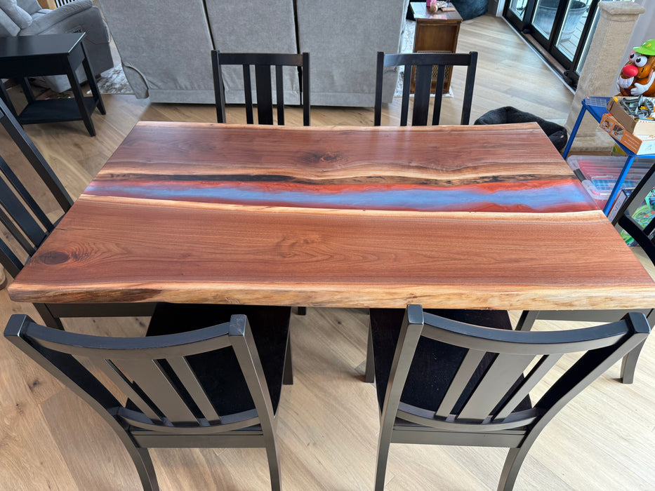 Walnut Live Edge Epoxy River Table with Black Chairs Amish Made Front Facing
