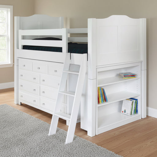 White loft bed with desk and drawers on a white background