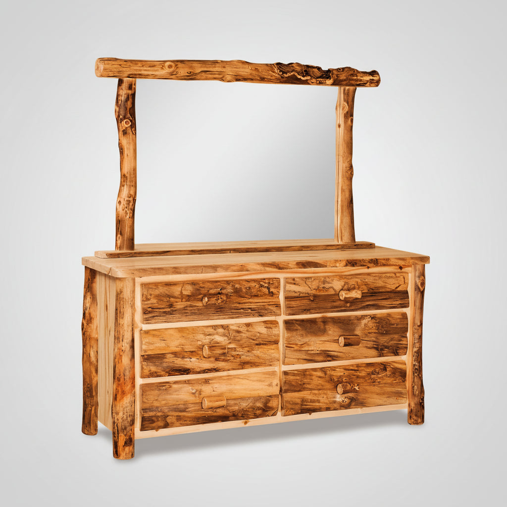 Amish Log 6-Drawer Dresser With Mirror Option - Aspen Wood - Front View