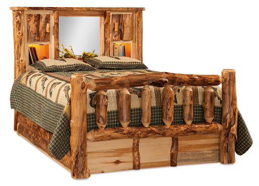 Amish Log Bookcase Bed With Storage - Queen Size - Aspen Wood