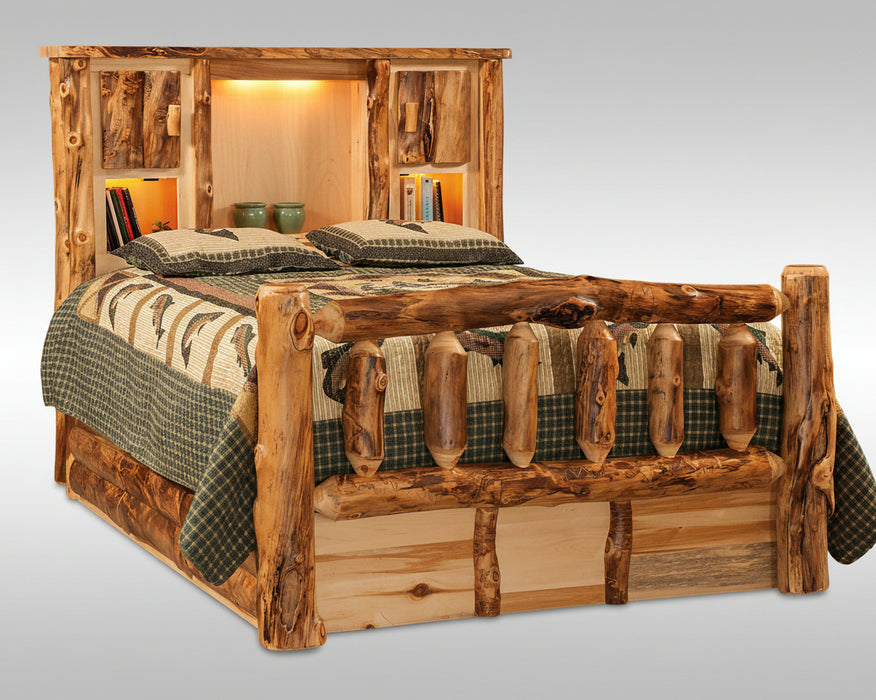 Amish Log Bookcase Bed With Storage - Queen Size - Aspen Wood