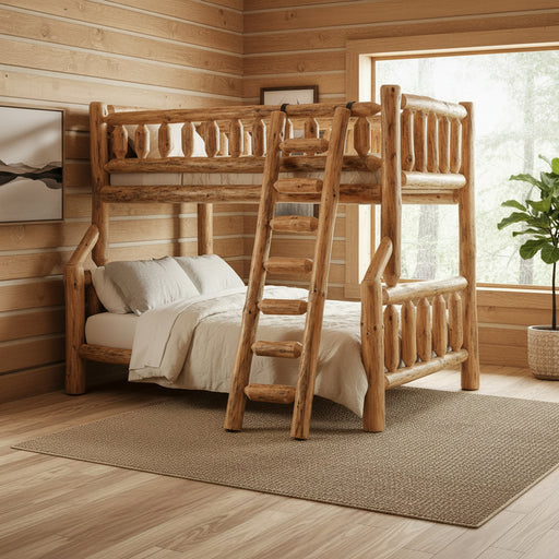 A rustic log bunk bed with a natural wood frame, a ladder, and two beds with burgundy and tan checkered bedding, shown on a light gray background.