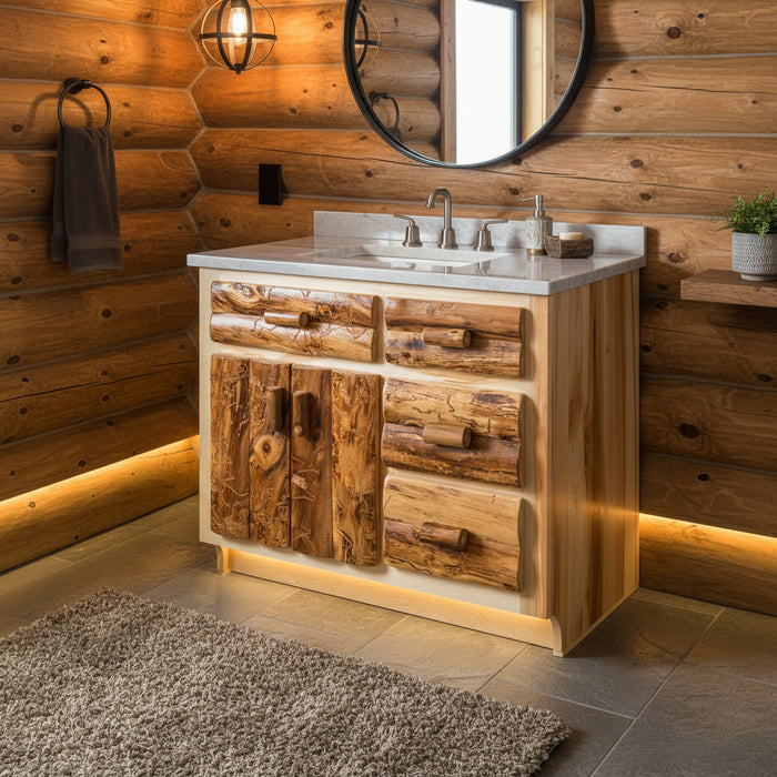 A rustic bathroom vanity cabinet with a natural wood grain finish, featuring a white marble countertop, an integrated white sink, and a polished chrome faucet.