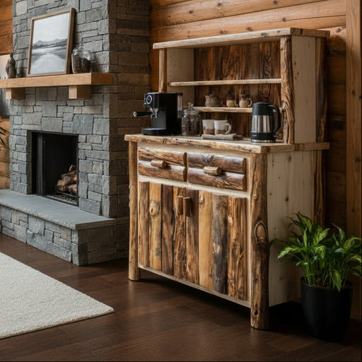 A rustic wooden hutch cabinet with a natural bark-edges finish, featuring a top shelf with six silver mugs, two upper drawers, and two lower cabinet doors with rustic metal handles, set against a light gray background.