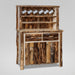 A rustic wood hutch cabinet with a natural bark-edges finish, featuring a top shelf with five white mugs hanging from hooks, two drawers with wood-grain handles, and a lower cabinet door with vertical wood panels.