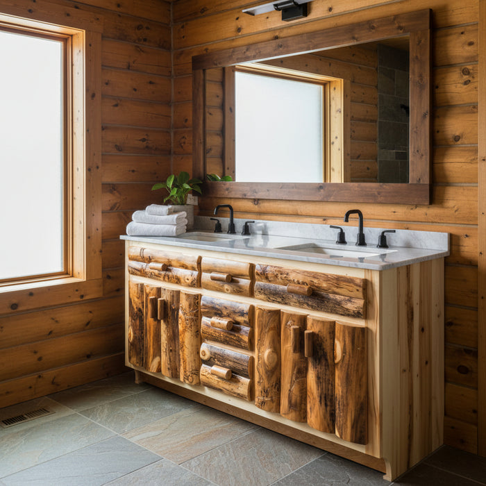 A rustic double-sink bathroom vanity made from natural log-style wood with a gray stone countertop and two white sinks, shown against a light gray background.