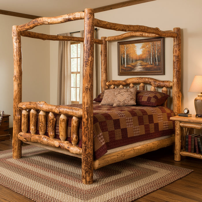 Amish Log Canopy Bed - Aspen Wood - Front View