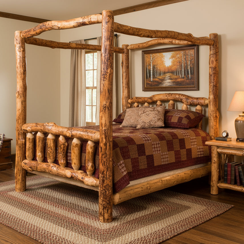 Amish Log Canopy Bed - Aspen Wood - Front View