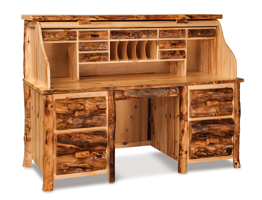 Amish Log Double Pedestal Rolltop Desk - Open Position