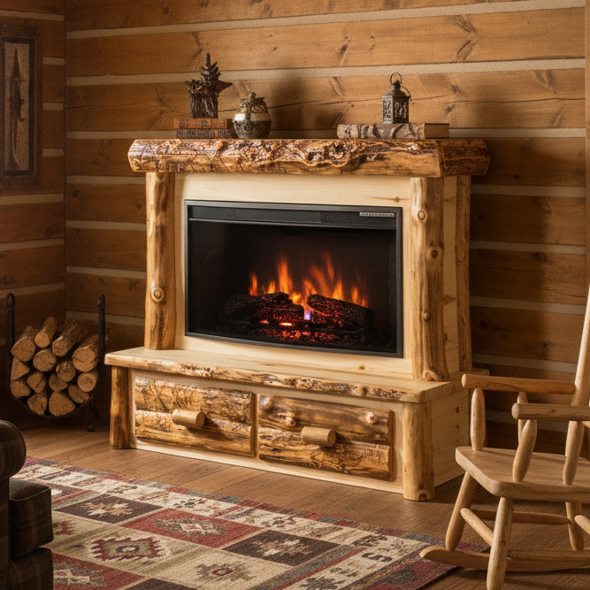 Amish Log Fireplace Mantle With Drawers