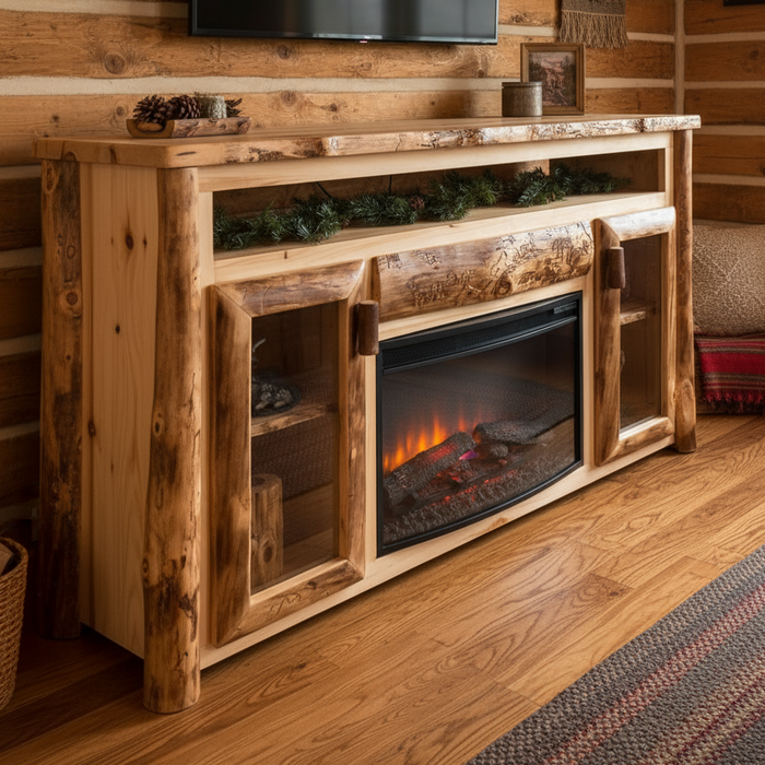 Amish Log Fireplace TV Stand With Opening