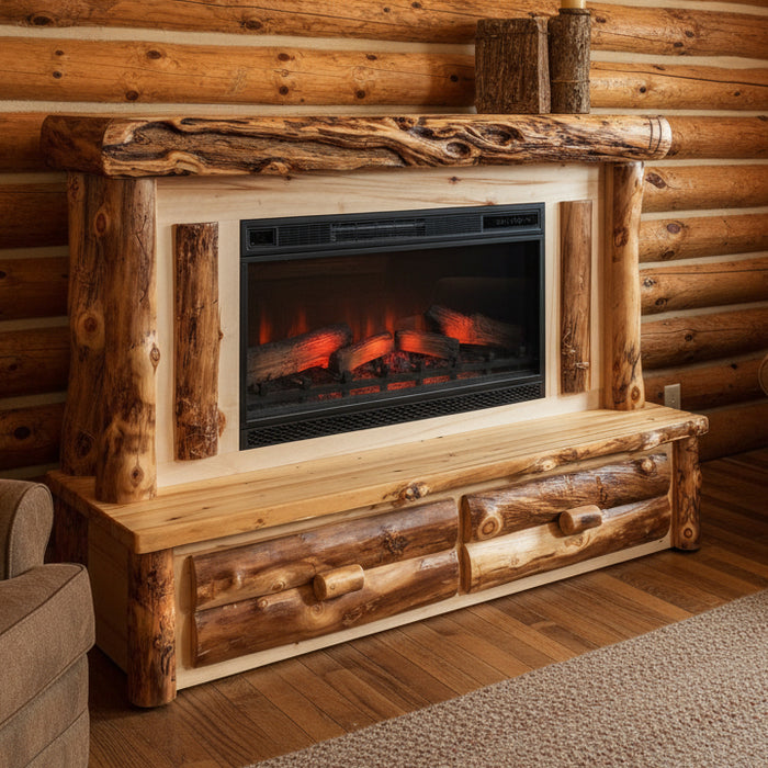 Amish Log Large Fireplace Mantle With Drawers