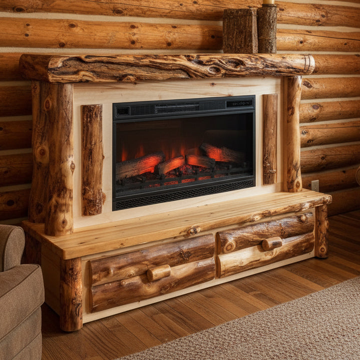 Amish Log Large Fireplace Mantle With Drawers