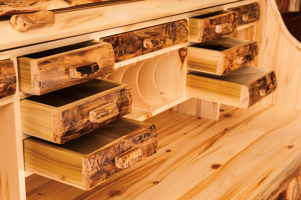 Amish Log Rolltop Desk - Cubby Detail - Close Up