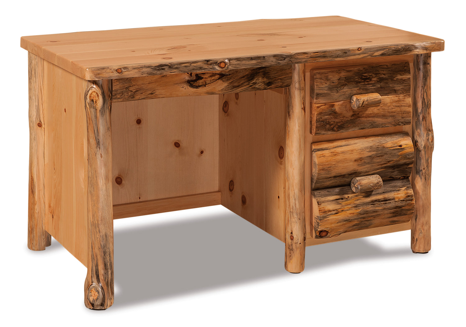 Amish Log Single Pedestal Desk - Rustic Pine Wood