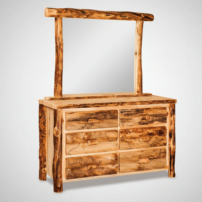 Amish Log Small 6-Drawer Dresser With Mirror Option  - Aspen Wood - Front View