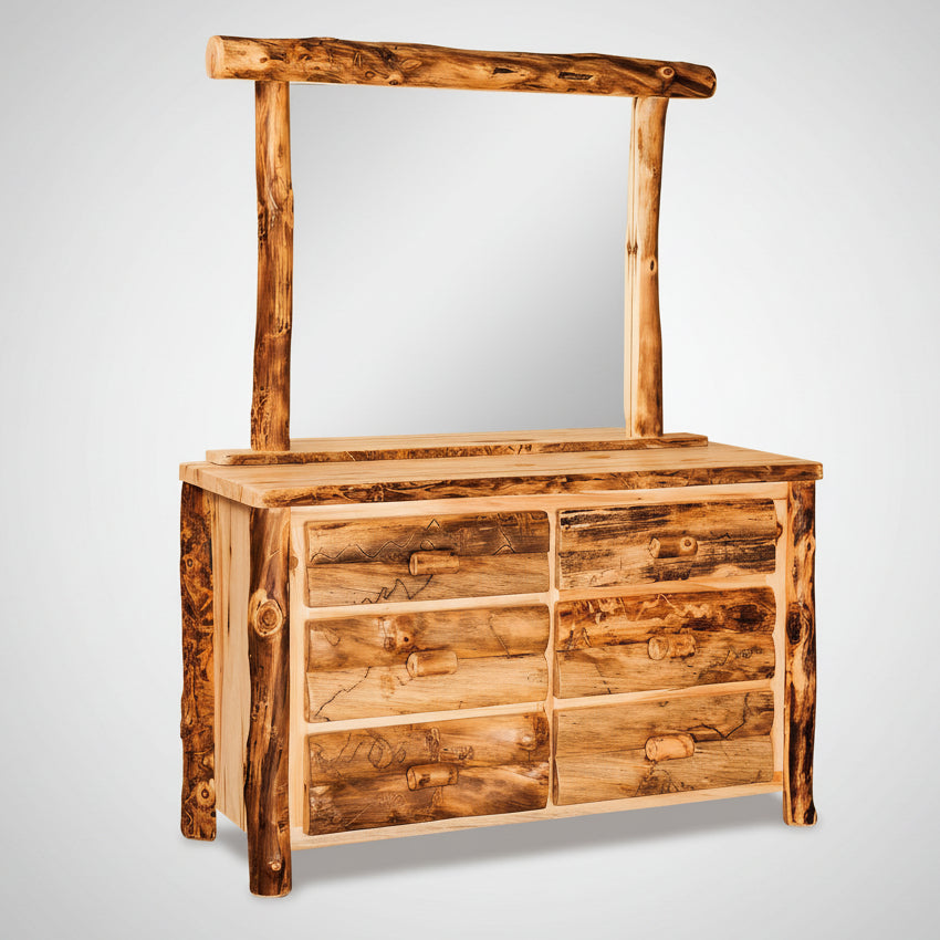 Amish Log Small 6-Drawer Dresser With Mirror Option  - Aspen Wood - Front View