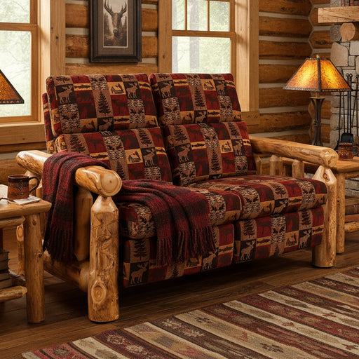 Amish Log Spindle Reclining Loveseat - Aspen Wood - Closed Position