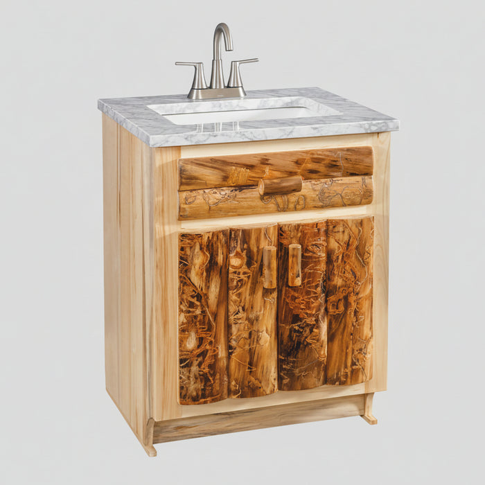 A rustic log-style bathroom vanity cabinet with a natural stone countertop and an undermount sink, shown on a plain white background.
