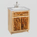 A rustic log-style bathroom vanity cabinet with a natural stone countertop and an undermount sink, shown on a plain white background.