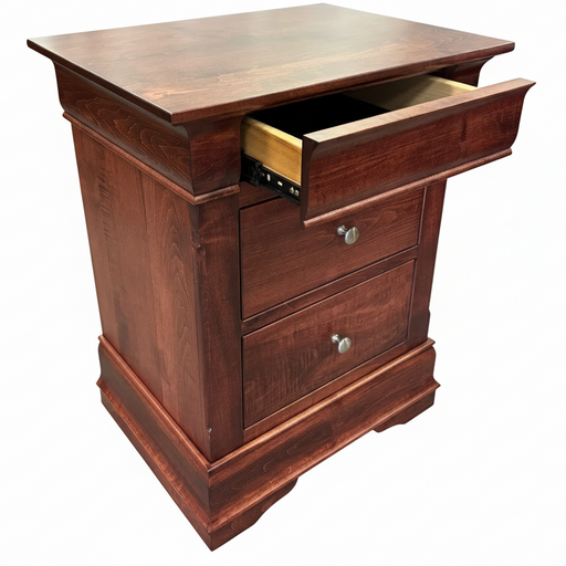 Amish Louis Phillipe 2-Drawer Nightstand - Brown Maple - OCS-106 Acres - Hidden Felt Lined Drawer Drawers in Dresser - Amish Made Traditional Bedroom Furniture - Drawer Detail