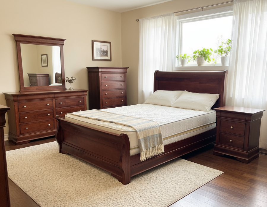 Amish Louis Phillipe 5-Pc. Bedroom Set - Brown Maple - OCS-106 Acres - Hidden Felt Lined Drawer Drawers in Dresser - Amish Made Traditional Bedroom Furniture