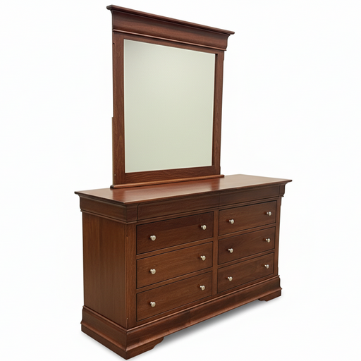Amish Louis Phillipe 60" Dresser & Mirror - Brown Maple - OCS-106 Acres - Hidden Felt Lined Drawer Drawers in Dresser - Amish Made Traditional Bedroom Furniture