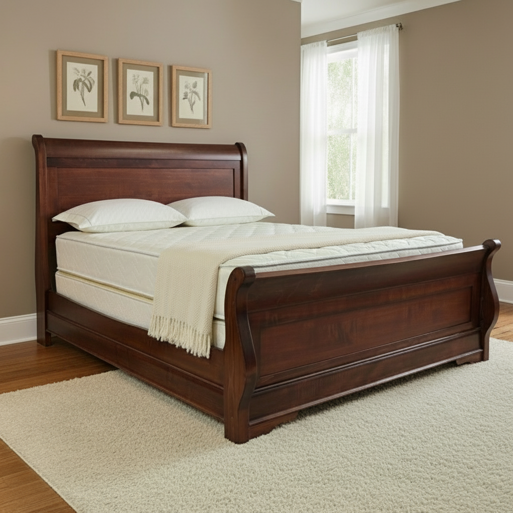 Amish Louis Phillipe Sleigh Bed - Queen Size - Brown Maple OCS106 Acres Stain - Amish Made Traditional Sleigh Bed - In Bedroom