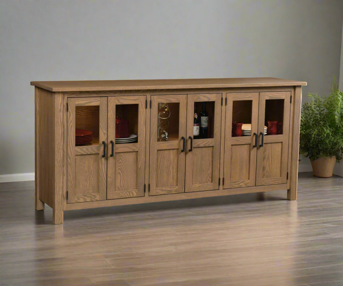 Amish Lundon 6-Door Buffet
Hardware: 55276 -BBR Pulls
LED Touch Lights
1 Fixed Shelf Behind each Section