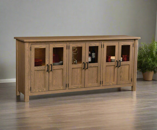 Amish Lundon 6-Door Buffet
Hardware: 55276 -BBR Pulls
LED Touch Lights
1 Fixed Shelf Behind each Section