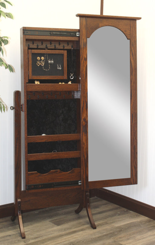 Amish Madison Jewelry Cheval Mirror
- Sliding Mirror (Slides To The Right Standard)
- Hinged Earring Door
- 11 Hook Necklace Board
- 1st Shelf: 3 Ring Slots
- 2nd Shelf: 3 Dividers
- 3rd Shelf: 4 Dividers
- Bottom Shelf: 1 Divider